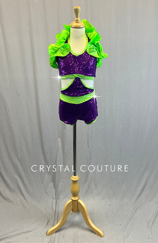 Purple Zsa Zsa Connected Two Piece with Neon Green Ruffle Halter - Rhinestones