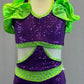 Purple Zsa Zsa Connected Two Piece with Neon Green Ruffle Halter - Rhinestones