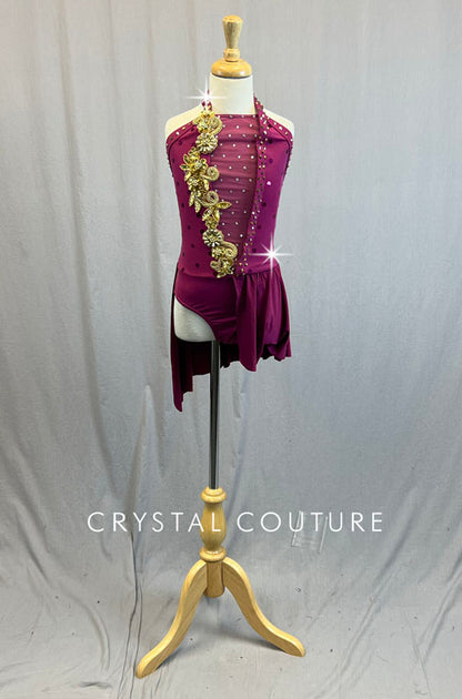 Mulberry Halter Leotard with Gold Appliques and Asymmetrical Skirt - Rhinestones