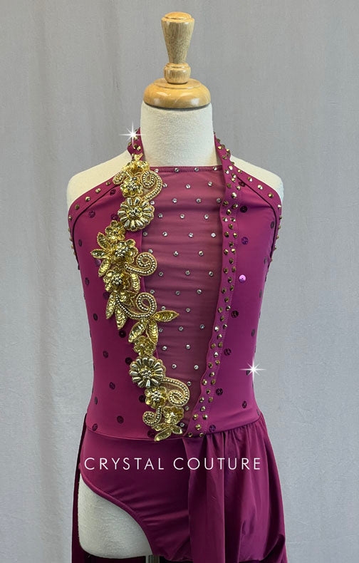 Mulberry Halter Leotard with Gold Appliques and Asymmetrical Skirt - Rhinestones