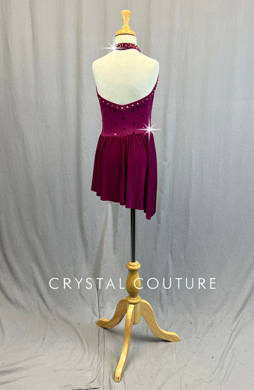 Mulberry Halter Leotard with Gold Appliques and Asymmetrical Skirt - Rhinestones