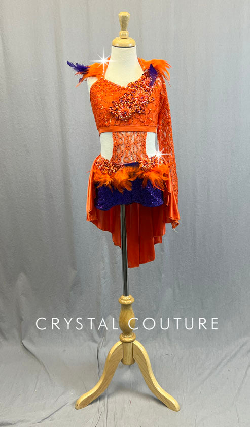 Orange & Purple Lace Connected Two Piece with Back Skirt and Feathers - Rhinestones