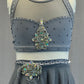 Grey Two Piece with Mesh Cutouts and Layered Skirt - Rhinestones