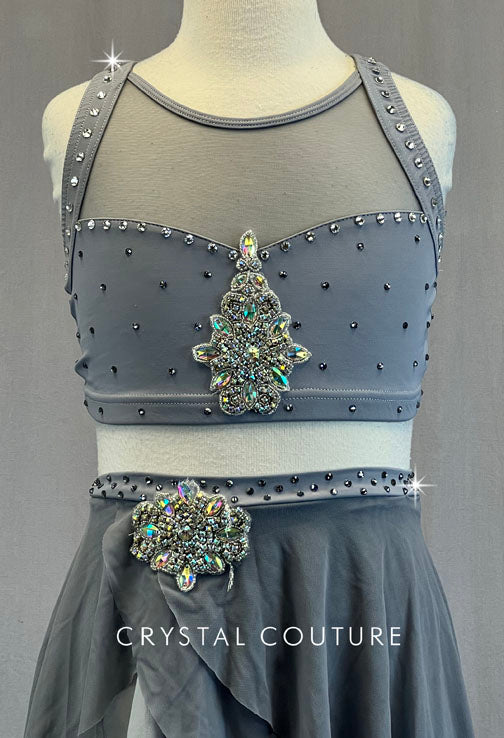 Grey Two Piece with Mesh Cutouts and Layered Skirt - Rhinestones