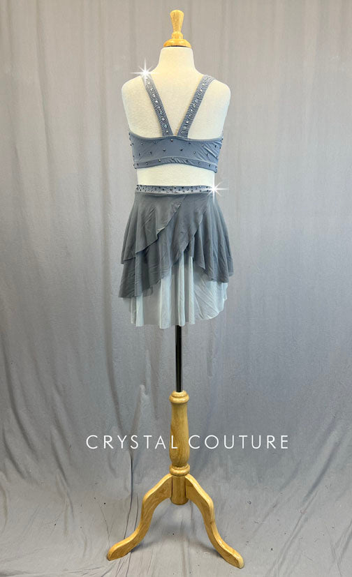 Grey Two Piece with Mesh Cutouts and Layered Skirt - Rhinestones