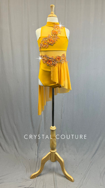Light Tangerine Leotard with Asymmetrical Skirt and Orange Appliques - Rhinestones