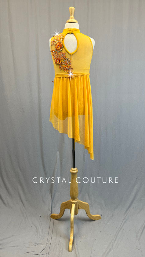 Light Tangerine Leotard with Asymmetrical Skirt and Orange Appliques - Rhinestones