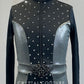 Black and Metallic Grey Mock Neck Zip Front Leotard - Rhinestones