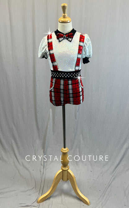 Red, White, & Black Plaid Booty Shorts with Suspenders and White Puff Sleeve Top - Rhinestones