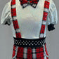 Red, White, & Black Plaid Booty Shorts with Suspenders and White Puff Sleeve Top - Rhinestones