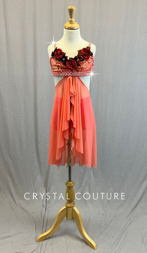 Coral Lace Top with Connected Mesh Skirt and Roses - Rhinestones
