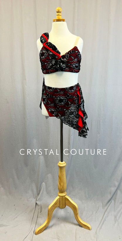Black/Silver/Red Lace Bra-Top & Skirt - Swarovski Rhinestones