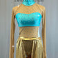 Turquoise Top With Attached Gold Metallic Lycra Skirt - Rhinestones