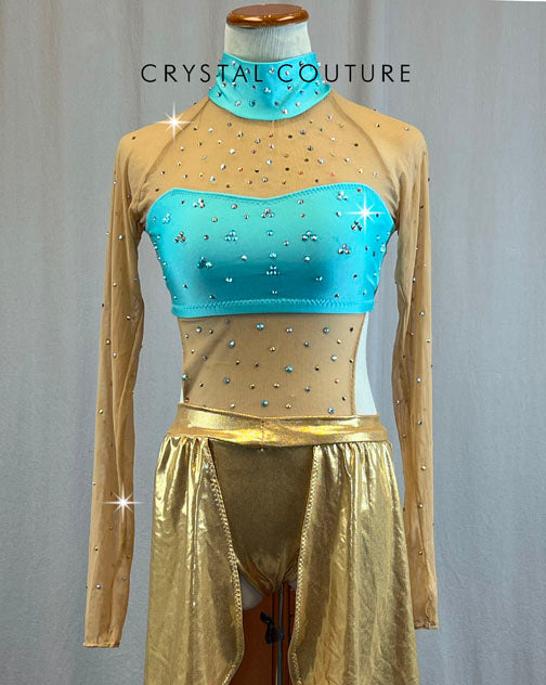 Turquoise Top With Attached Gold Metallic Lycra Skirt - Rhinestones