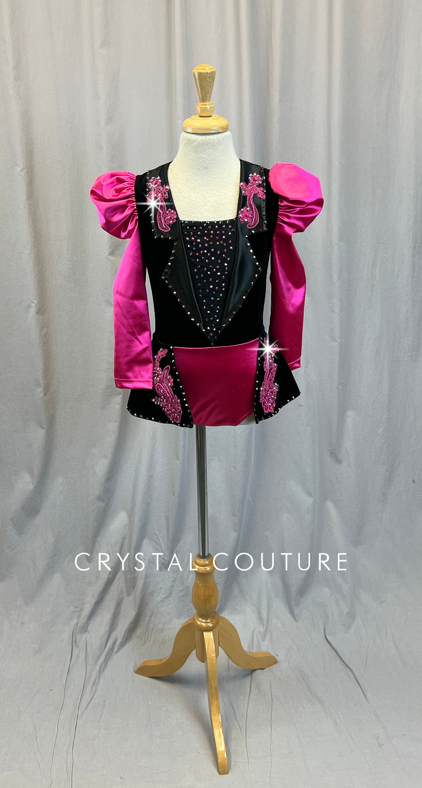 Hot Pink Puff Sleeve and Black Velvet Tuxedo Inspired Leotard with Attached Skirt -Rhinestones, Appliques