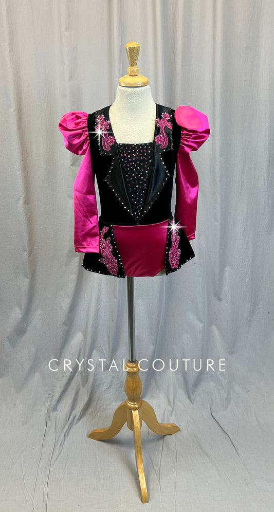 Hot Pink Puff Sleeve and Black Velvet Tuxedo Inspired Leotard with Attached Skirt -Rhinestones, Appliques