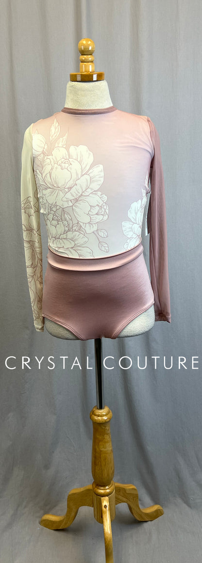 *Brand New* Rose Pink and Ivory Mesh Floral Long Sleeve Leotard