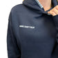 Navy blue hoodie with 'SORRY, CAN'T TALK' text on a neutral background