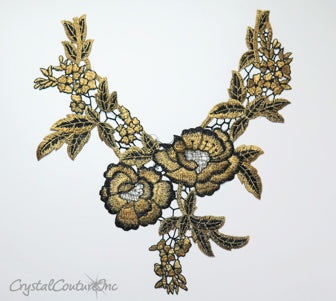 Black/Metallic Gold Floral Lace Embroidered Applique