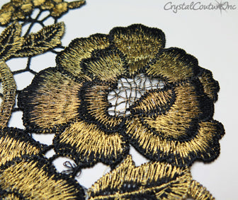 Black/Metallic Gold Floral Lace Embroidered Applique