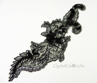 Black/Silver/Sequin/Pearl Floral Lace Embroidered Applique