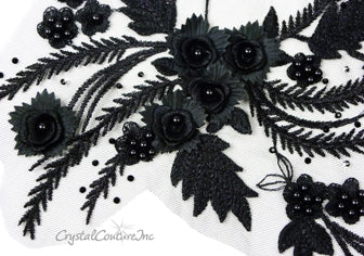 Black 3D Floral Embroidered/Pearl Applique