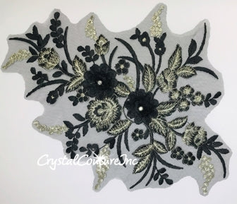 Black & Lt Gold Metallic 3D Floral Embroidered Applique