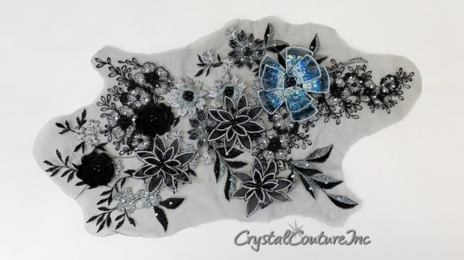 Black/Teal/Metallic Silver Floral Lace Embroidered Applique
