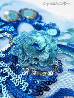 3D Royal Blue/Aquamarine/Gold Embroidered Applique
