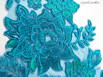 Teal Blue Floral Lace Embroidered Applique