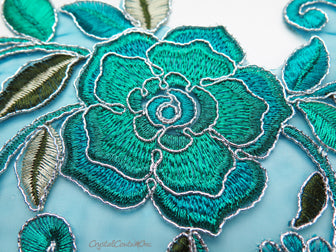 Teal Blue/Silver/Green Floral Lace Embroidered Applique