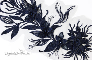 Navy Blue Floral/Vine 3D Embroidered Applique