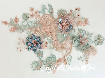 Lt Blue/Pink Metallic 3D Floral Embroidered Applique with Blue Sequins