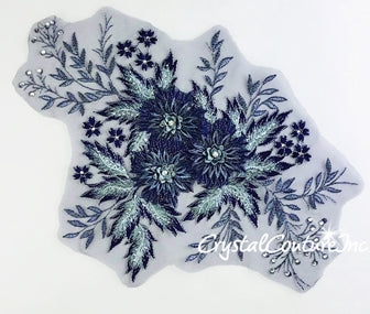 3D Navy Blue/Lt Blue/Aqua Floral Embroidered Applique