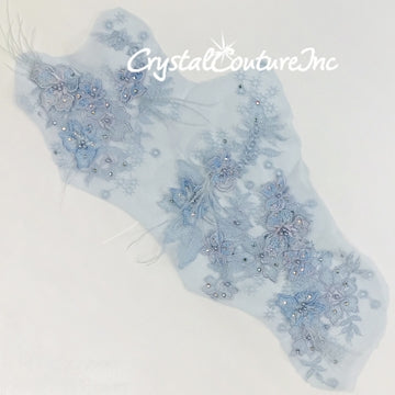 Lt Blue/Lilac Floral Embroidered Applique with Feathers