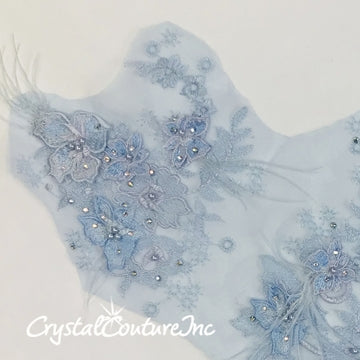 Lt Blue/Lilac Floral Embroidered Applique with Feathers
