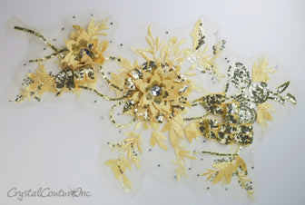 3D Light Yellow/Gold Floral Embroidered Applique