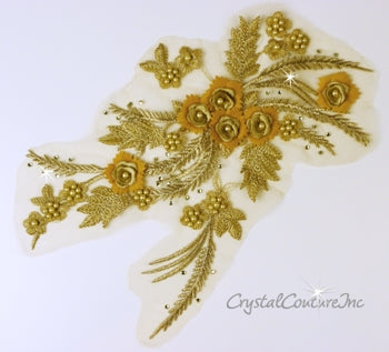 Gold 3D Floral Embroidered/Pearl Applique