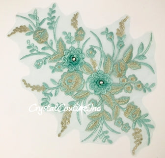 Seafoam Green/Silver Metallic 3D Floral Embroidered Applique