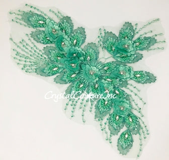 Green 3D Floral Embroidered/Beaded Applique