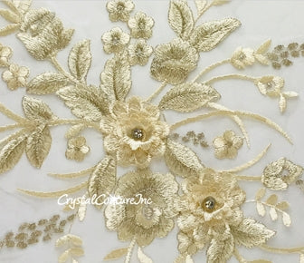 Gold 3D Floral Embroidered/Pearl Applique – Crystal Couture
