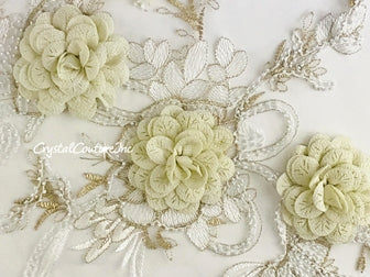 3D Ivory with Metallic Gold Floral Embroidered Applique with White Beads