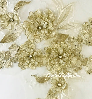 3D Ivory/Champagne with Metallic Gold Floral Embroidered Applique with White Sequins