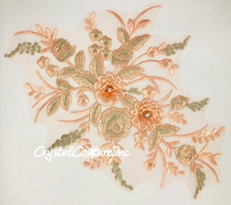 Coral/Lt Peach/Lt Gold Metallic 3D Floral Embroidered Applique