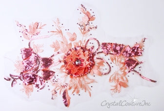 3D Lt Pink Floral Embroidered Applique With Rose Sequins