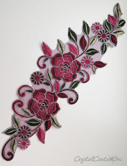 Burgundy/Rose/Green Floral Lace Embroidered Applique