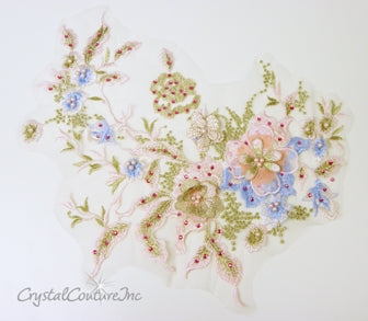 Lt Pink/Lt Blue/Gold Floral Embroidered Applique