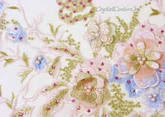 Lt Pink/Lt Blue/Gold Floral Embroidered Applique
