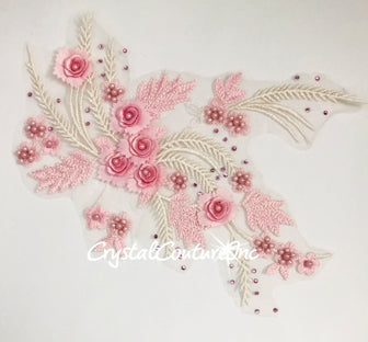 Lt Pink/Ivory 3D Floral Embroidered/Pearl Applique