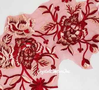 Burgundy/Lt Pink 3D Floral Embroidered Applique